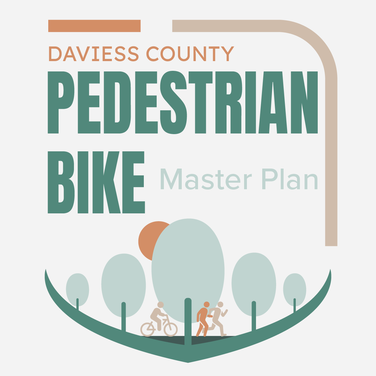 Logo of the Daviess County Bike and Pedestrian Master Plan that includes trees, people, and a bicyclist.